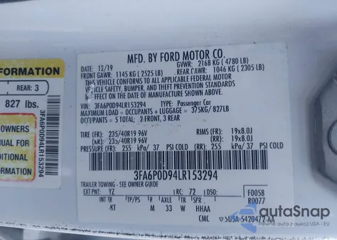 2020 Ford Fusion Titanium z USA, uszkodzony, nr VIN 3FA6P0D94LR153294